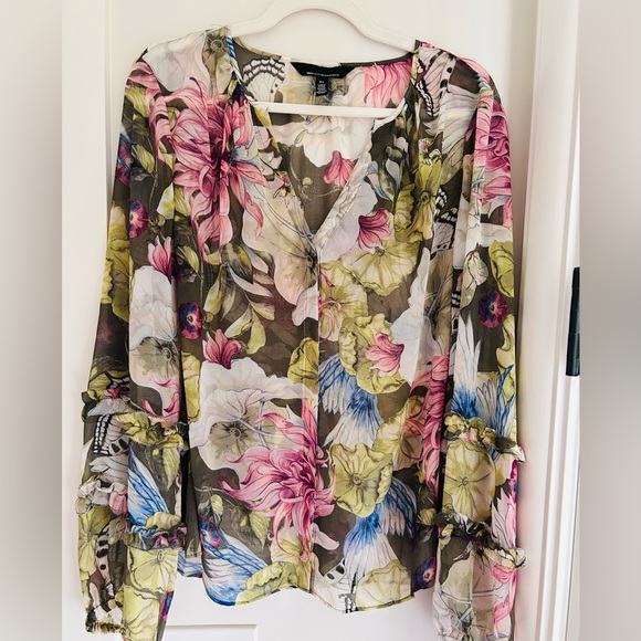 White House Black Market Sheer Watercolor Print Blouse - Picture 8 of 9